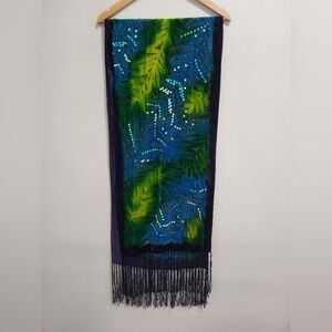 Chico's Velvet Burnout Silk Blend Sequin Tropical Leaves Scarf With Fringe